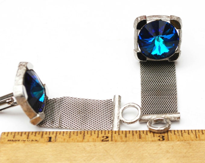 Blue Rivoli Cuff link - Signed Dante - silver metal mesh -glass crystal - Rhinestone cuff links