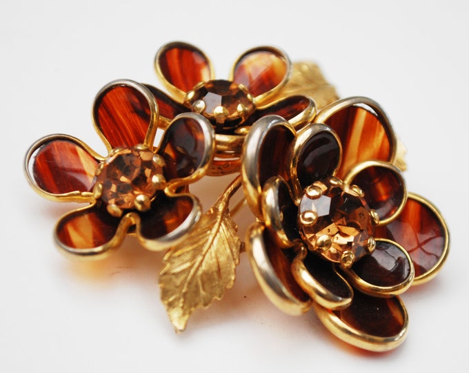 Flower Brooch - Tortoise Lucite - Champagne Rhinestone - Floral Pin - Mid Century