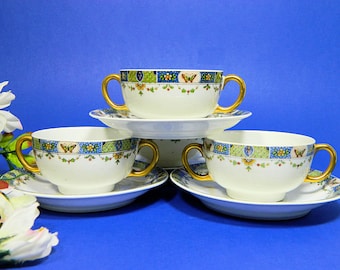 Four Union Ceramique Limoges Double Handle Bouillon Soup Cups and Saucers Butterflies