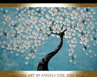 SALE Original Modern White Flowers Tree Blue Fine Art Impasto Palette Knife Painting .