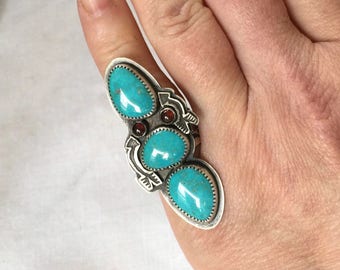 Kingman Turquoise Garnet Ring Sterling Silver Double Arrow Ring Size 6 Ready to Ship by ShesSoWitte