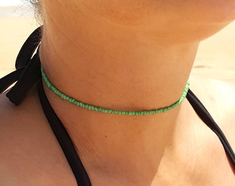 mid green choker seed bead necklace beach agave fondant pastels surf vacation