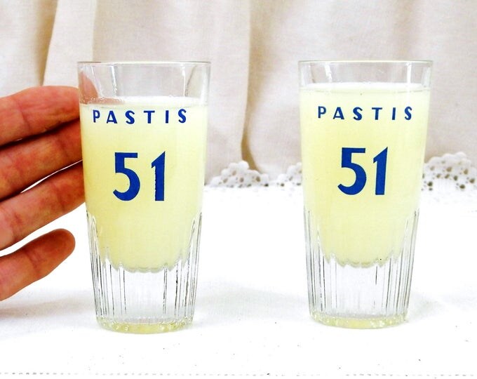 Set 2 Small Vintage French Pastis 51 Glasses, Retro French Cote D'Azur Bistro Decor, Pair Anisette Aperitif Momie or Momiette Glasses