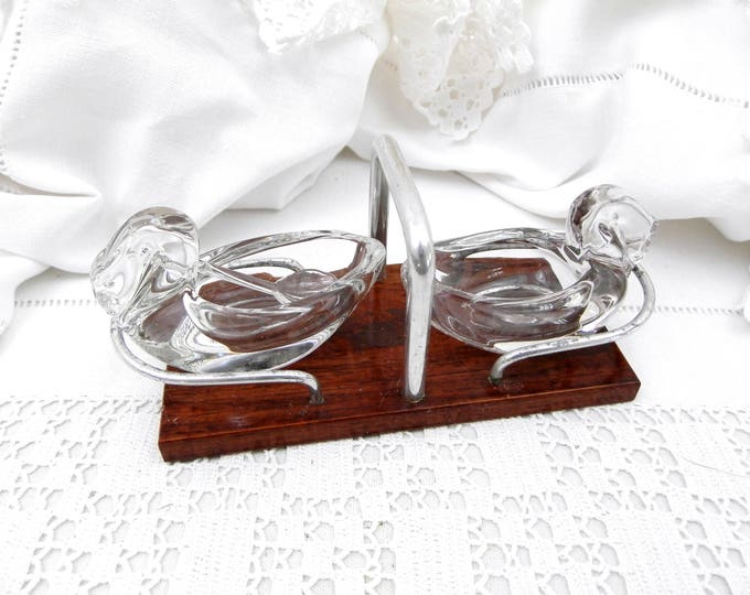 Vintage Glass Duck Salt and Pepper Serving Vessels Glass Spoon with Wooden and Metal Tray From France, French Salt N Pepper Tableware