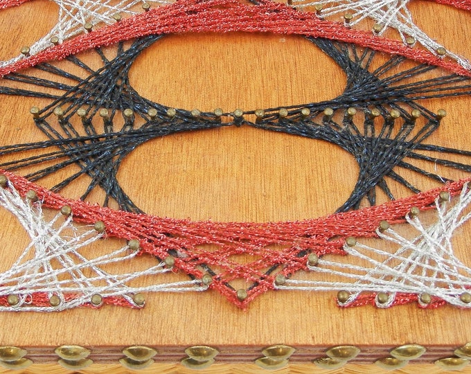 Vintage 1960s Mid Century String and Nail Art Wooden Rattan Box, Retro Wooden Box from France, Sparkly String Art Container, Retro Home Vintage 1960s Mid Century String and Nail Art Wooden Rattan Box, Retro Wooden Box from France, Sparkly String Art Container, Retro Home