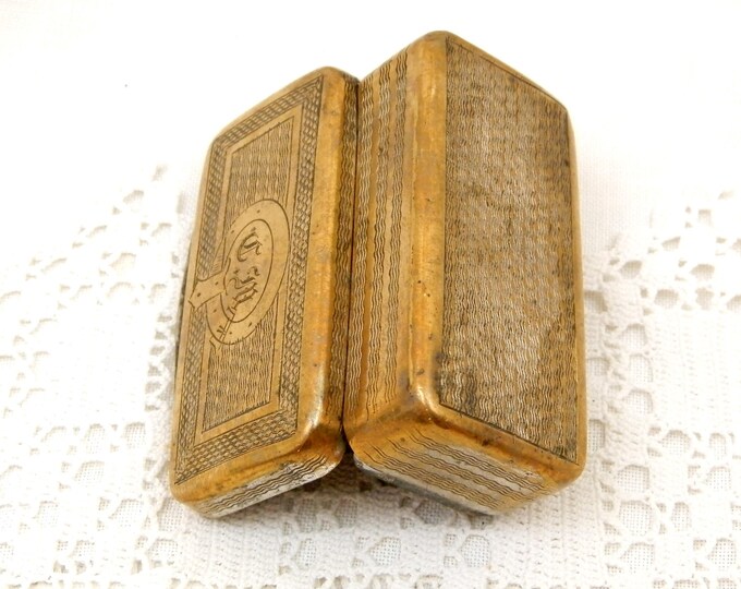 Antique French Victorian Rectangular Small Brass Box Engraved with the Monograms CM, Metal Snuff Box with Initials CM From France, Retro Tin