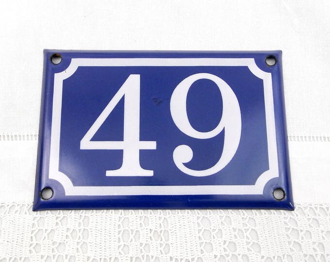 Blue and White Enamel Metal Number Plaque 49, Vintage French House Street Enameled Sign