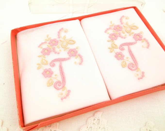 Vintage Unused Box of 2 Pink Cotton Handkerchiefs Embroidered with Monogram J and Flowers Made in Switzerland, Swiss Made Hankies