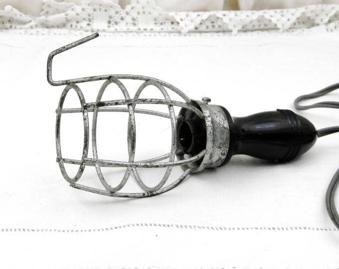 Small Vintage Mid Century Industrial Workshop Caged Hand Lamp, Retro 1950s Portable Inspection Light with Bakelite Handle and Metal Cage