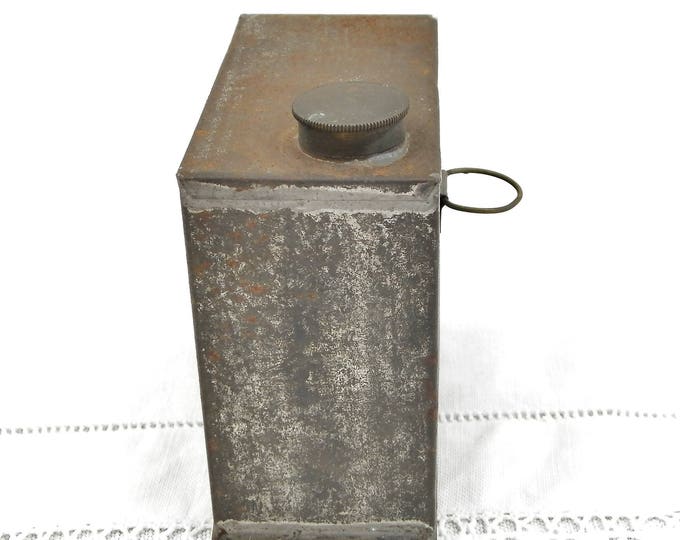 Antique Square Metal Bottle With Screw Lid, Rectangular Tin Container for Liquids, French Brocante Home Decor, Industrial Curios from France