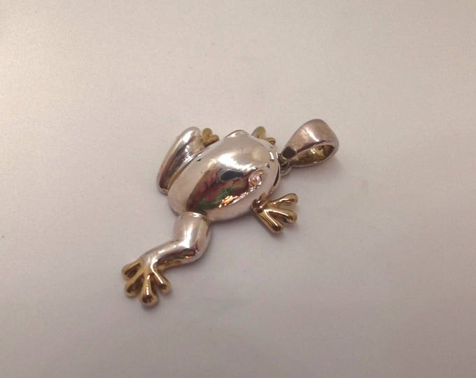 Sterling Frog Pendant, Silver Frog, Gold Wash Feet, Vintage Frog Figural Jewelry