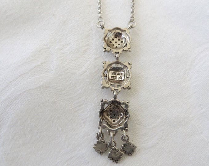 Art Deco Necklace, Sterling Marcasite Dangle Pendant, 16 Inch Chain, Vintage Jewelry