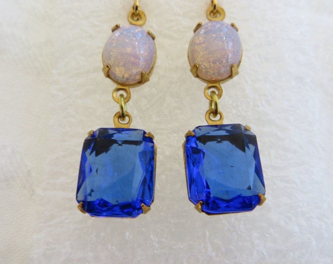 Czech Opal Earrings, Cobalt Glass Dangle, Vintage Opal Drop Earrings, Pierced Ears, Something Blue