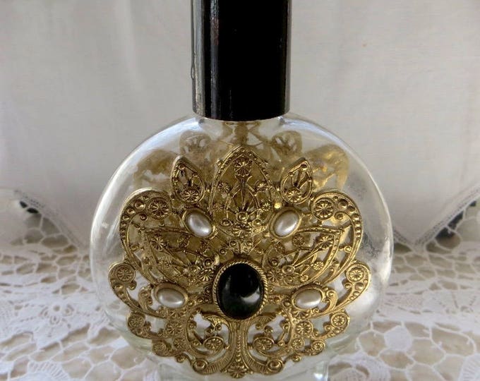 Filigree Perfume Bottle, Pearl and Onyx Stones, Vintage Vanity Bottle, Perfume Holder