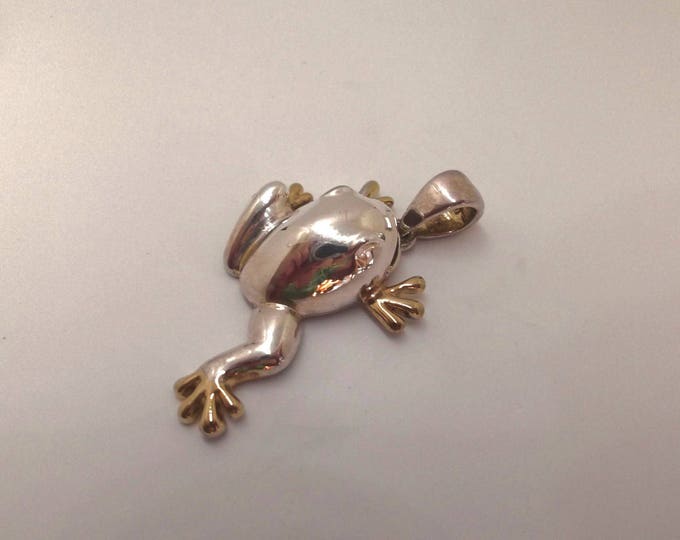 Sterling Frog Pendant, Silver Figural Frog, Gold Wash Feet, Vintage Frog Jewelry