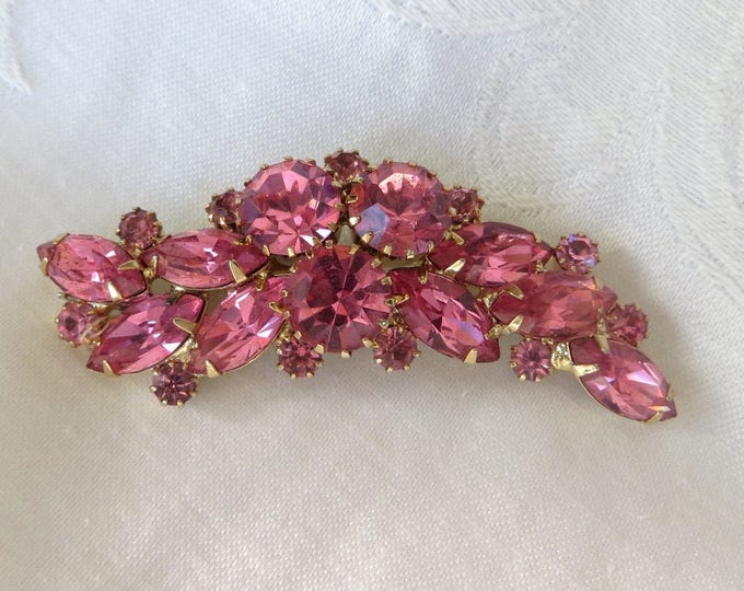 Vintage Pink Rhinestone Brooch, Mid Century Rhinestone Pin, 1960s Jewelry