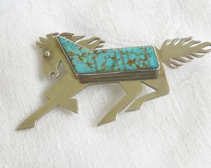 Sterling Horse Brooch, Turquoise Horse Pin, Southwest Style, Vintage Equestrian Jewelry