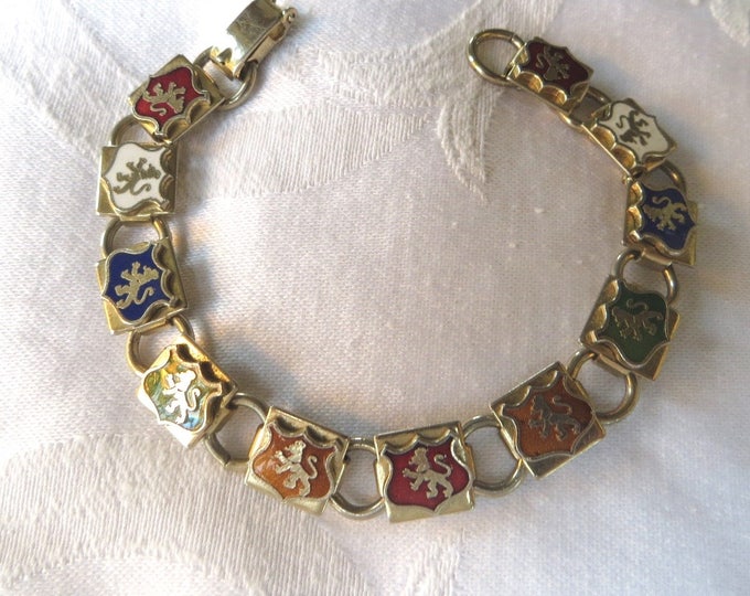 Vintage Heraldic Bracelet, Rampant Lion Shield Bracelet, Vintage British Bracelet, Heraldic Jewelry, Rampant Panels