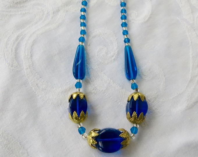 Art Deco Glass Necklace, Cobalt Blue Czech Beads, Filigree Caps, Vintage Art Deco Jewelry