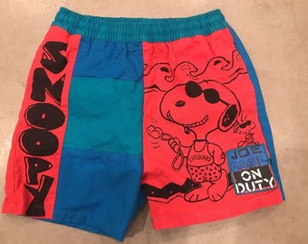 Vintage 80s 90s Joe Cool On Duty Snoopy Shorts Swim Trunks Spell Out Neon Beach Comic Cartoon Novelty Shorts Lifeguard Size 6 Kids Youth