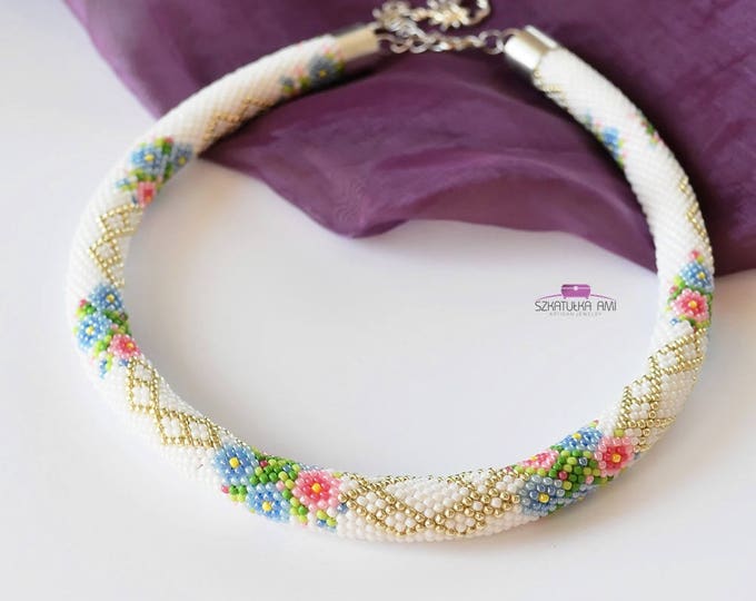 Flower pastel Necklace tube Seed beads necklace Beaded crochet rope Gift for her Wedding necklace White necklace Womens girls knitted tube