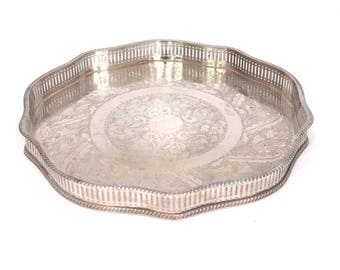 Vintage Silver Plated Gallery Tray, Large 12" Silver Drinks Tray, Silver Serving Tray, Silver Butlers Tray, English Silver, Downton Abbey