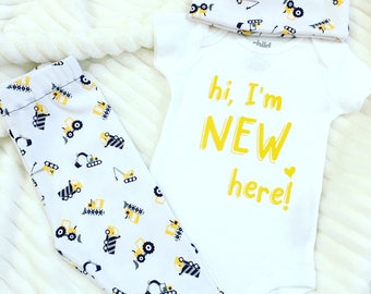 Hi, I'm New Here Newborn Outfit, Newborn Yellow Coming Home Outfit, Newborn Coming Home Set, Taking Newborn Home Outfit, Baby Shower Gift