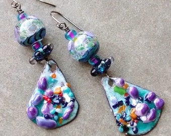Funky fantastic Fruity Pebbles dangle earrings, Artisan handmade, OOAK boho modern art unique lightweight jewelry