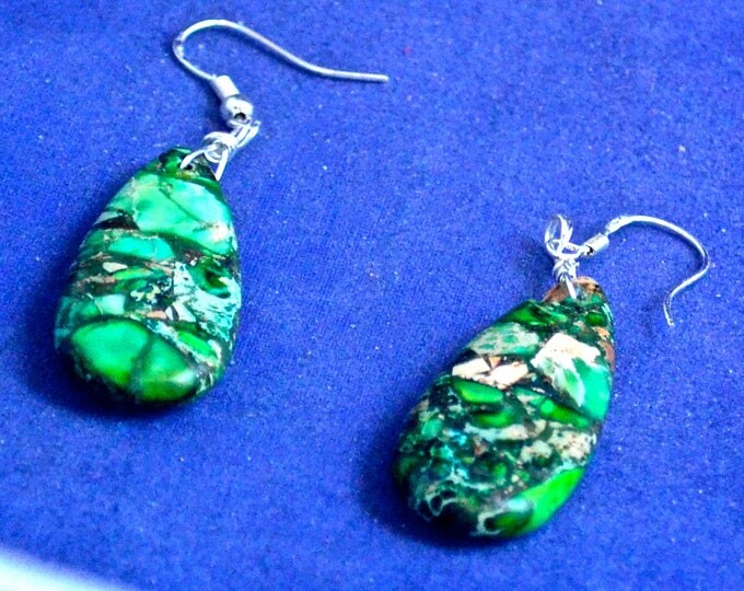Green Sea Sediment Jasper Earrings, 35x15mm teardrop, Natural, Silver Ear Wires E1120