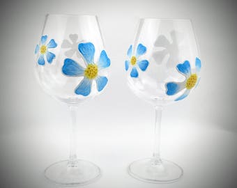 2 Blue Flower stemmed Wine Glasses, Hand Painted summer wine glasses, decorated wine glass, spring or summer wine glasses