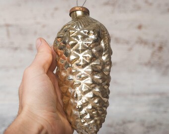 Gold holiday decor vintage large glass Christmas ornament Cone Soviet Christmas rustic winter home decor 1950s christmas decorations