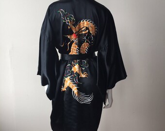 Vintage Rayon Satin Embroidered Golden Dragon Robe Wrap Kimono