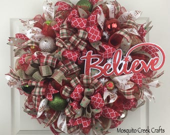 Christmas Wreath for Front Door, Deco Mesh Christmas Wreath, Christmas Wreaths