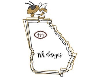 State of Georgia with Yellow Jacket and Football embroidery design, Vintage stitch yellow jacket, Georgia embroidery file, Bean stitch bee