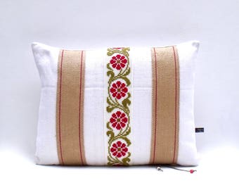French Antique Linen Hand stitched Embroidery point de croix cross stitch Jute Braid Cushion Pillow Cover
