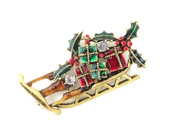 Weiss Sleigh Brooch, Xmas Gift Brooch, Rhinestone Sleigh Pin, Gift Laden Holiday Brooch, Santa's Sleigh Pin
