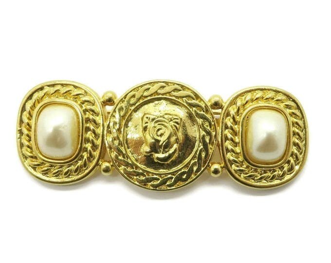 Faux Pearl Bar Brooch - Vintage Liz Claiborne Scrolled Brooch, Valentine's Day Gift, Gift Box