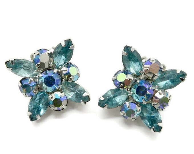 Weiss Sea Green AB Rhinestone Earrings, Vintage Rhinestone Silver Tone Clip-ons