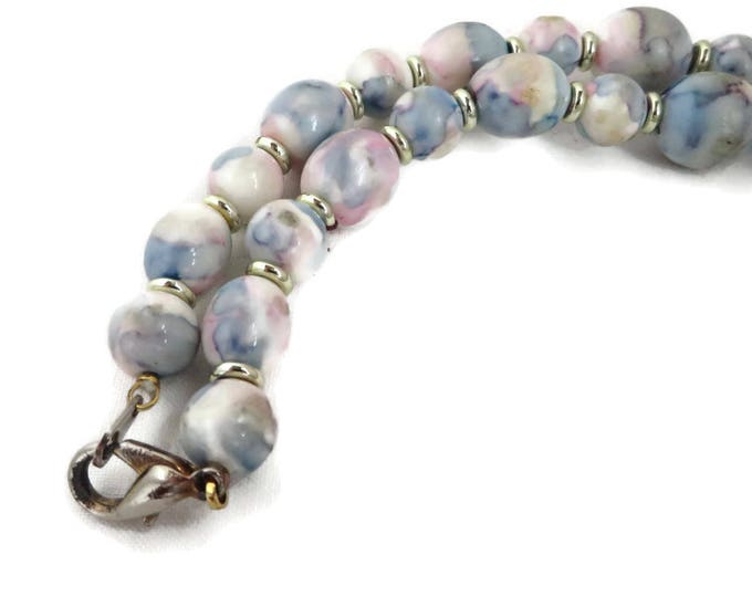 Vintage Blue Beaded Necklace - Blue and Pink Abstract Design Graduated Bead Necklace, Gift for Her