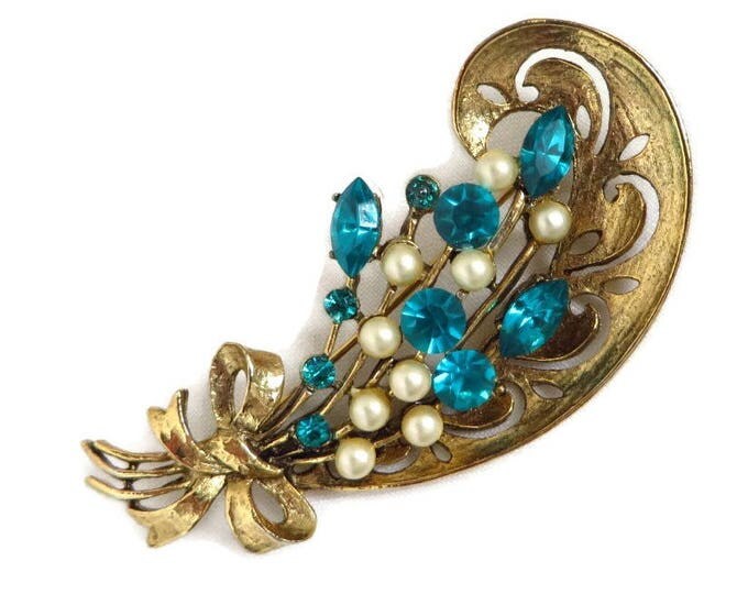 Vintage Brooch, Rhinestone Pin, Blue Rhinestone Faux Pearl Brooch, Vintage Weiss Gold Tone Flower Pin, Gift for Her