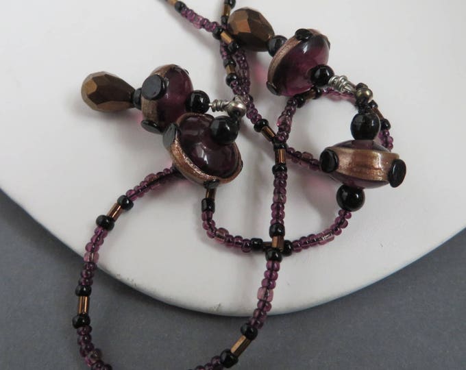 Glass Flapper Necklace, Vintage Purple, Bronze Beaded Long Necklace, Gift for Her