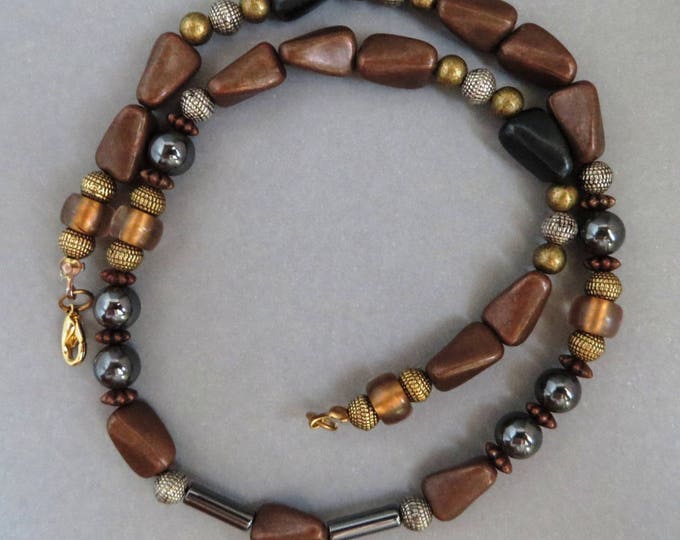 Vintage Brown Bead Necklace, Cocoa, Gold, Silver, Black Bead Tribal Necklace