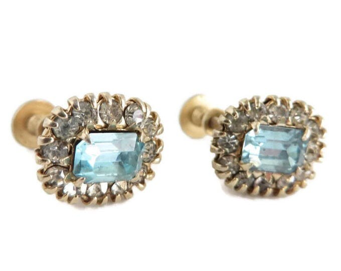 Vargas Rhinestone Earrings - Vintage Blue Rhinestone Screwback Earrings, Gift idea, Gift Box