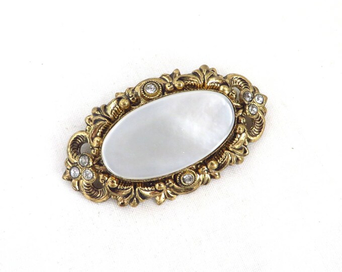 Vintage Moonstone Brooch - Victorian Rhinestone Gold Tone Pin, Valentine's Day Gift, Gift Boxed