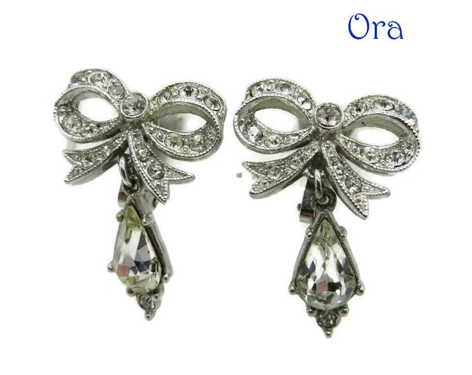 Rhinestone Bow Earrings - Vintage Signed ORA Crystal Dangle Clip-on Earrings, Bridal Jewelry, Valentine's Day Gift