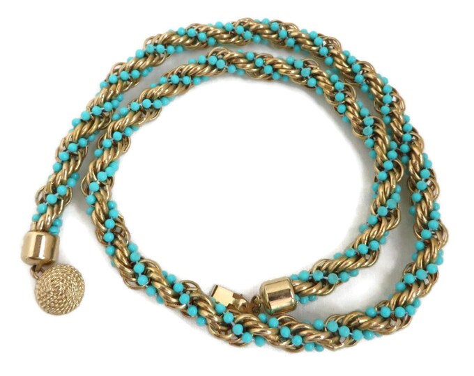 AVON Necklace - Vintage Turquoise & Gold Bead Rope Twist Necklace, Valentine's Day Gift, Gift Boxed