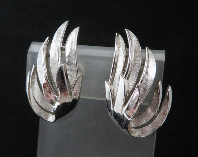Crown Trifari Earrings | Vintage Silver Tone Leaf Clip-on Earrings | Classic Designer Signed Jewelry