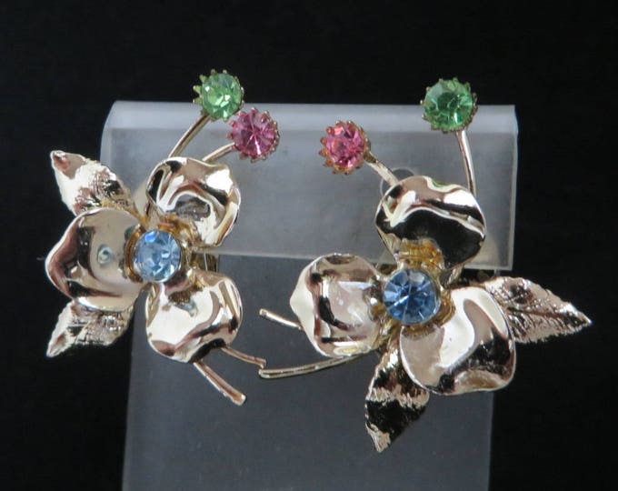 Gold Tone Flower Earrings | Vintage Pastel Rhinestone Clip-ons | Mid-Century Earrings