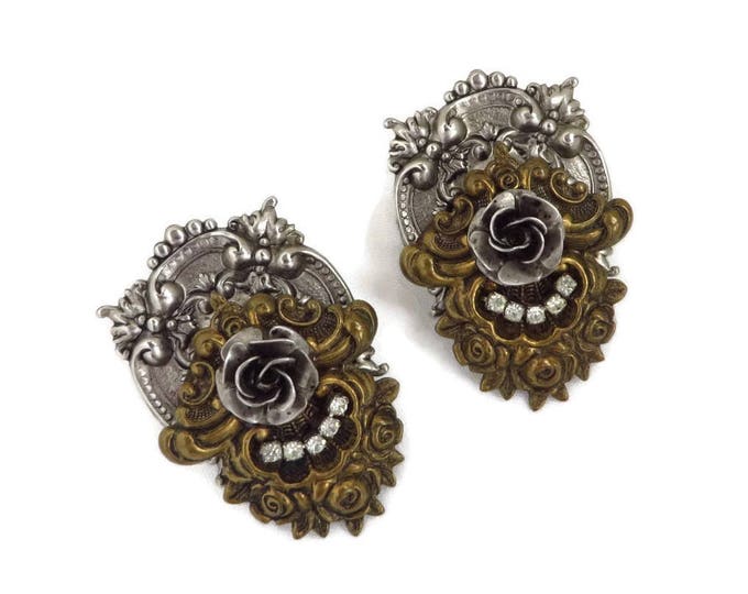 Vintage Earrings, Rhinestone Earrings, Victorian Style Two Tone Earrings, 1950s Rhinestone Pierced Post Earrings, Gift For Her