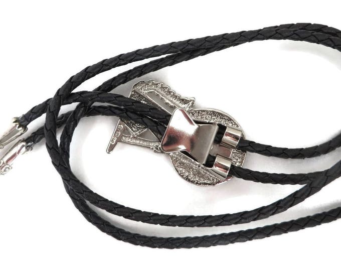 Vintage Bolo Tie | Silver Tone Howling Dog Pendant | Faux Black Leather Bolo